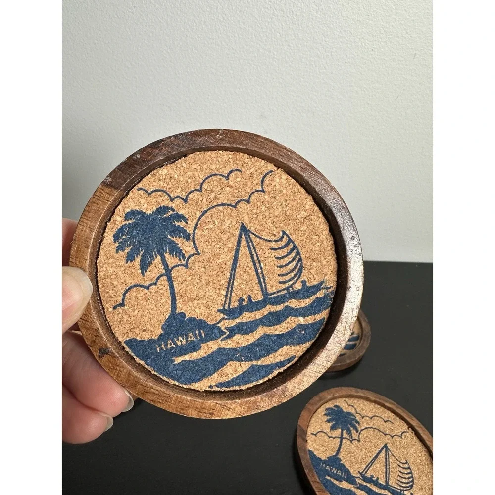 Vintage Souvenir Cork & Wood Coasters Hawaii Lot of 10 Round Beach Sailboat